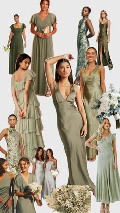 the bridesmaids are all dressed in different styles and colors, including sage green