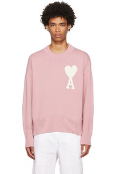 Pink Ami De Cœur Sweater by AMI Alexandre Mattiussi on Sale Pink Sweater With Ribbed Neckline For Winter, Pink Ribbed Neckline Sweater For Winter, Pink Winter Sweater With Ribbed Neckline, Pink Crew Neck Sweatshirt With Ribbed Collar, Pink Ribbed Collar Crew Neck Sweatshirt, Pink Knit Sweater With Ribbed Neckline, Pink Knit Sweater With Ribbed Collar, Pink Cotton Sweater With Ribbed Collar, Pink Sweater With Ribbed Neckline For Fall