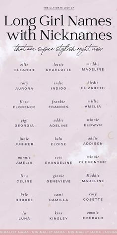 the long girl names with nickannes are on pink paper and have clouds in them