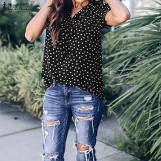 FREE SHIPPING 2018 Blouse Polka Dot V Neck Short Sleeve Bow Tie JKP1068 Black Polka Dot Top Outfit, Polka Dot Top Outfit, Black Polka Dot Top, Blouse Sale, Top Outfit, Vintage Shorts, Black Polka Dot, Styling Tips, One Piece Swimwear