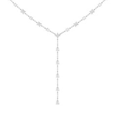 A elegant necklace with effortless appeal. This diamond station lariat necklace is a versatile piece that can be worn with an assortment of outfits. It has a Y-shaped chain adorned with prong-set diamonds that are evenly spaced for a clean look. The rounded upper part of the necklace features round and princess-cut diamonds while the linear drop that forms the Y tail has pear-cut diamonds. Fine Jewelry Lariat Backdrop Necklace With Diamond Accents, Lariat Diamond Necklace For Wedding, Fine Jewelry Backdrop Lariat Necklace With Diamond Accents, Timeless Lariat Backdrop Necklace For Formal Occasions, Timeless Lariat Backdrop Necklace For Formal Events, Luxury Lariat Backdrop Necklace With Adjustable Chain, Luxury Lariat Backdrop Necklace With Diamond Accents, Classic Diamond Backdrop Necklace, Formal Backdrop Necklace With Clavicle Chain