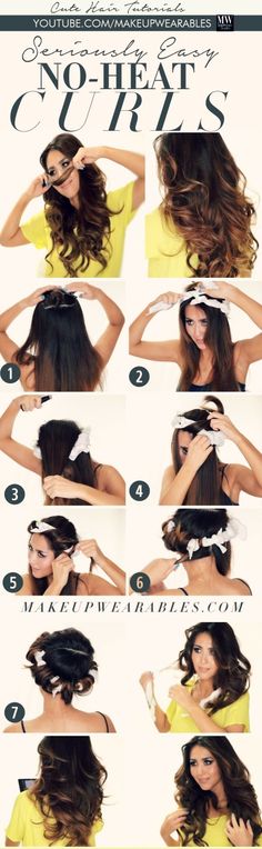 How to No-Heat Curls your hair overnight - cute easy hairstyles 3 No Heat Curls, Heat Curls, Curl Your Hair, Curls No Heat, Overnight Hairstyles, Overnight Curls, Hair Curls, Heatless Hairstyles