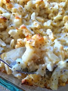 a casserole dish filled with macaroni and cheese