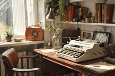 an old fashioned typewriter sitting on top of a wooden desk next to a window