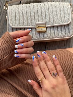 Blue White Nails Acrylic, Blue With White Nails, Cute Blue Acrylic Nail Ideas, Ideje Za Nokte, Nail Blue And White, Cruise Nails Bahamas, Cute Summer Nails Acrylics, Cute Summer Nails Square, Blue Nails Trendy