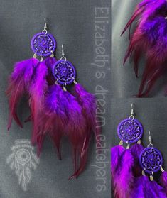 two pictures of purple feathers and earrings on a gray background with the same color as the feather