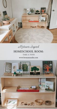 two pictures of the same room with different items in it and text overlay that reads montesson inspired homeschool room