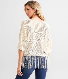 Miss Me Crochet Fringe Cropped Sweater - Cream X-Small, Women's Oatmeal Open weave split neck sweater Bust measures 48 on size small Body length 18 on size small. Layering piece(s) and/or accessories sold separately.. 100% Acrylic. Hand wash cold. Do not bleach. Lay flat to dry. Do not iron.. Measurements: Bust -Fullest part of bust with arms at sides. Waist -Circumference of natural waist: above belly button below rib cage. Hips -Standing with feet together fullest part of hips. WOMEN'S TOP SIZ Fall Beige Crochet Top With Knit Fabrication, Bohemian Textured Knit Crochet Top For Fall, Bohemian Long Sleeve Textured Knit Tops, Cream Cotton Crochet Top For Fall, Bohemian Knitted Tops For Fall, Beige Bohemian Sweater With Textured Knit, Bohemian Beige Knit Tops, Beige Bohemian Textured Knit Sweater, Bohemian Beige Textured Knit Sweater