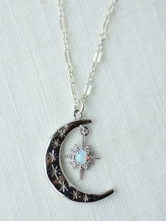 ∙ ∙ S I L V E R ∙ C R E S C E N T ∙ L U C K Y ∙ S T A R ∙ N E C K L A C E ∙ ∙ Made with the following: Rhodium Plated Crescent Moon Pendant 10mm x 13mm Rhodium Plated Synthetic Opal Star Pendant 11mm Sterling Silver Findings  Sterling Silver Spring Clasp Sterling Silver Chain This listing is for one necklace.  ∙ ∙ H O W ∙ T O ∙ O R D E R ∙ ∙ Please select the chain and length from the drop-down menu. Please select if you would like a 2-inch extender chain from the drop-down menu. The 2-inch exte Opal Moon Necklace, Necklaces For Her, Silver Star Necklace, Moon And Star Necklace, Star Necklace Silver, Necklace Moon, Necklace Opal, Necklace Layered, Crescent Moon Pendant