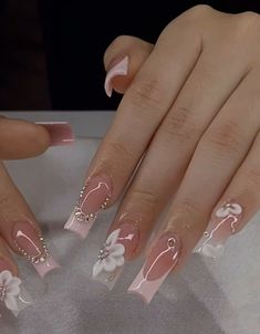 Birthday Nail Set Ideas Summer, Nails Without Charms, Nails W Gems, Quince Nails Pink, Nail Ideas With Gems, Pearl Acrylics, Promotion Nails, Short Quince Nails, Xv Nails