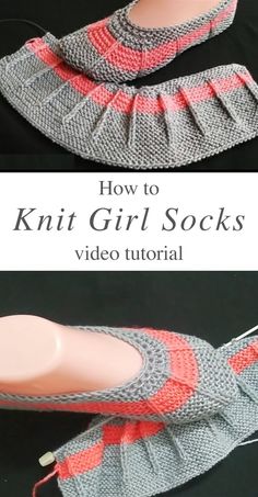 a pair of knitted slippers with the words how to knit girl socks on them