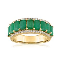 Ross-Simons - 2.40ct t. w. Emerald, .29ct t. w. Diamond Ring in 14kt Yellow Gold. Size 10. Satisfy your craving for classic gemstone color with this stunning emerald and diamond ring. A verdant parade of 2.40 ct. t. w. emeralds is sparked at the top and bottom by .29 ct. t. w. round brilliant-cut diamond borders. Crafted in polished 14kt yellow gold for a gleaming finish. 1/4" wide. Diamond and emerald ring. Emerald birthstones are the perfect gift for May birthdays. May Birthdays, Diamond And Emerald Ring, 55th Wedding Anniversary, Emerald Birthstone, Emerald And Diamond Ring, Jewerly Designs, Emerald Ring Gold, Ring Emerald, Emerald Color