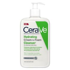 Developed with dermatologists, CeraVe Hydrating Cream-to-Foam Facial Cleanser has a unique one-step cleansing formula with three essential ceramides (1, 3, 6-II) that gently cleanses, thoroughly removes oil and makeup, and hydrates the skin barrier. All-in-one Cleanser Transforming Texture: Dispenses as a rich cream and transforms into a foam as you lather into skin. Fragrance-free Allergy tested Paraben-free Soap-free Non-drying Non-comedogenic Skin-identical pH Dermatologist Recommended Key In Cerave Hydrating Cleanser, Cerave Moisturizer, Cerave Cleanser, Cerave Skincare, Hydrating Cleanser, Foaming Face Wash, Affordable Skin Care, Skin Cleanse, Hydrating Cream