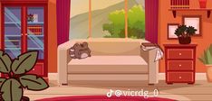 the living room is decorated in orange and pink tones with an animal on the couch