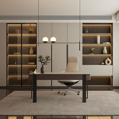 an office with a desk, chair and bookcase in the background is lit by recessed lights