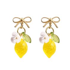 pair of earrings with lemons and flowers on them