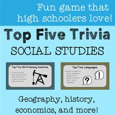 an advertisement for the top five trivia social studies, with information about different subjects