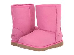 UGG Kids Classic Short II Waterproof (Little Kid/Big Kid) - Girls Shoes : Pink Azalea : The Classic Short II runs large and is available in whole sizes. Please order one size down from your normal size. If a half size, please order only 1/2 size down. Please be advised, boots are not made for snow and ice or heavy walking. This UGG Classic Short II Waterproof is an iconic must-have boot that fits every age and personality with its stylish versatility. Durable suede uppers are pre-treated to be w Winter Pink Waterproof Boots, Pink Weatherproof Winter Boots, Casual Pink Insulated Boots, Pink Insulated Outdoor Boots, Sporty Waterproof Pink Boots, Sporty Pink Waterproof Boots, Pink Weatherproof Boots For Outdoor, Pink Weatherproof Outdoor Boots, Sporty Outdoor Boots For Spring