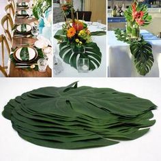 a collage of photos showing different types of tables and chairs with flowers in vases