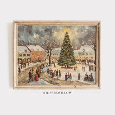 a painting of a christmas tree in the snow with people around it and buildings on either side