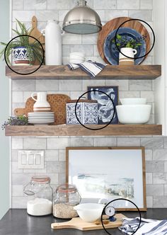 kitchen shelves with plates and bowls on them