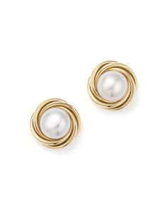 An enduring, elegant knot design in 14K yellow gold encircles beaming pearl studs. Small Diamond Stud Earrings, Silver Circle Earrings, Clean Gold Jewelry, Ruby Earrings Studs, Black Gold Jewelry, Knot Stud Earrings, Mens Gold Jewelry, Long Pearl Necklaces, Knot Studs