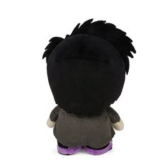 a black stuffed animal with purple pants