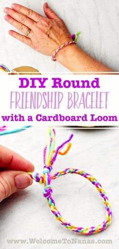 a hand holding a string bracelet with the words diy round on it and an image of