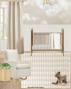 a baby's room with a crib, rocking chair, and rugs