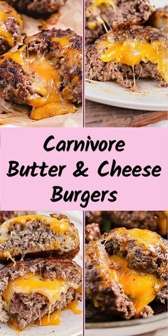 a collage of photos showing different cheeseburger burgers with the words, canmore butter and cheese burgers