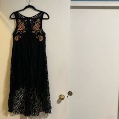 Free People Floral Embroidered All Lace Dress Size L In Excellent Condition Lace Maxi Dress With Floral Embroidery, Sleeveless Lace Maxi Dress With Floral Embroidery, Embroidered Lace Sleeveless Maxi Dress, Black Sleeveless Embroidered Maxi Dress, Sleeveless Embroidered Lace Maxi Dress, Black Sleeveless Maxi Dress With Floral Embroidery, Spring Black Dress With Lace Work, Black Dress With Intricate Embroidery For Spring, Black Dresses With Intricate Embroidery For Spring