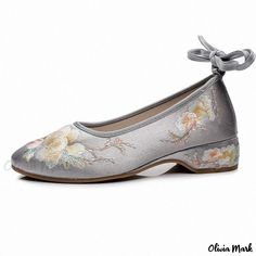 Olivia Mark - Embroidered Floral Fabric Low-Heeled Sandals - Womens Single Shoes Spring Embroidered Slip-on Flats, Spring Embroidered Closed Toe Flats, Summer Floral Embroidery Slip-on Flats, Spring Floral Embroidered Closed Toe Flats, Spring Floral Embroidery Closed Toe Flats, Embroidered Flat Heel Flats For Summer, Embroidered Flats With Flat Heel For Summer, Summer Floral Embroidery Closed Toe Flats, Spring Wedding Flats With Round Toe