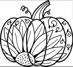 a black and white drawing of a pumpkin with leaves on the top, surrounded by swirls