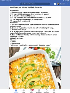 an image of a recipe on the facebook page for chicken enchilada casserole