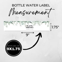 the bottle water label measurement is shown with an arrow pointing up to it's right side