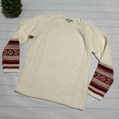 This Seater Is New With Tags! Cream Cable Knit Crew Neck Sweater With Red Cuffs. Holiday Christmas Winter Vibes. Women’s Size Small Petite. 9.13.24 V Cozy Holiday Sweater With Fair Isle Pattern, White Knit Christmas Sweater, Cozy White Sweater For Holidays, Cozy Fair Isle Pattern Sweater For Holidays, Cozy Fair Isle Sweater For Holiday, Cozy Knit Sweater For Holidays, Red Knit Christmas Top, Holiday Sweater With Fair Isle Pattern, Red Knit Top For Christmas