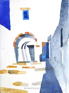 watercolor painting of an entrance to a building with blue and orange colors on the walls