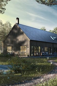 an artist's rendering of a house in the woods with trees and grass around it