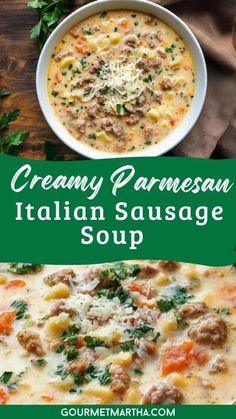 creamy parmesan italian sausage soup in a white bowl