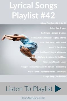 a poster with the words, listen to playlist and an image of a person jumping in