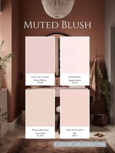 a bathroom with pink walls and white furniture in the color palettes, including two shades of