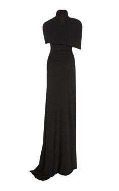 Brandon MaxwellCape-effect Draped Stretch Jersey Gown - Runway Catalog Luxury Pre-draped Maxi Evening Dress, Luxury Black Pre-draped Dress, Black Luxury Draped Dress, Luxury Black Pre-draped Evening Dress, Luxury One Shoulder Maxi Dress For Prom, Luxury Black Rayon Dress, Luxury Black Maxi Gown, Luxury Fitted Pre-draped Maxi Dress, Luxury Fitted Dress With Overlay