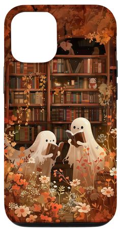 two ghost reading books in front of a bookcase with flowers and leaves on it