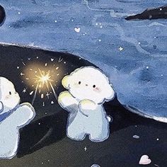 two small white teddy bears standing next to each other in front of a night sky