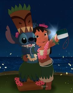 a cartoon character is holding a bottle in front of the ocean at night with lights on