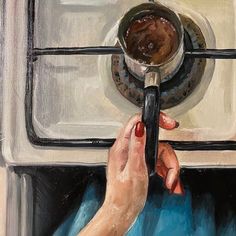 a painting of someone cooking something on the stove with a spatula in their hand