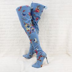 Stretch Denim Floral Print Upper 4.5" Heels Drawstring Top Opening Measurements From Size 6.5 (Increase As Sizes Go Up) Top Opening Approx 17" Total Height Including Heel 29" Side Zipper For Closure And Cushioned Insoles. Perfect For A Night Out Or A Causal Day String Top, How To Stretch Shoes, Otk Boots, You Are Important, Chic Shoes, Fashion Sites, Drawstring Top, Thigh Boot, Go Up