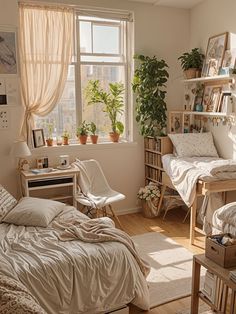 a bedroom with a bed, desk and shelves filled with potted plants in it