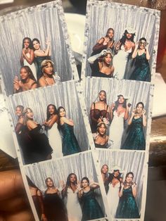 four polaroid pictures of women in formal dress posing for the camera with their arms around each other