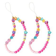 two hoop earrings with pink beads and smiley face charms on the ends, hanging from white string